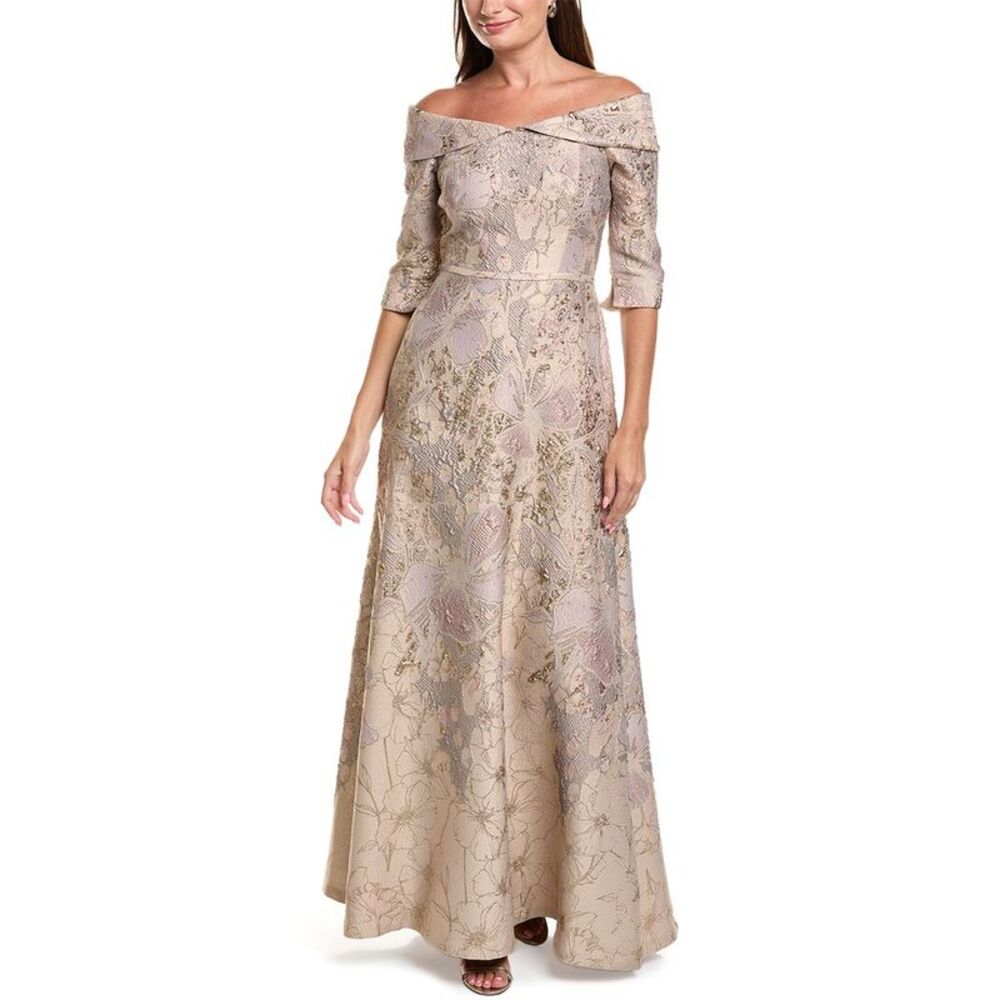 Teri Jon By Rickie Freeman Womens Jacquard Floral Off-Shoulder 3/4-Sleeve Gown,